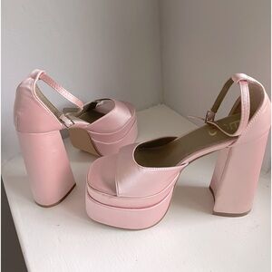 That-Extra Peep Toe Platform Block Heel in Satin Pink by EGO